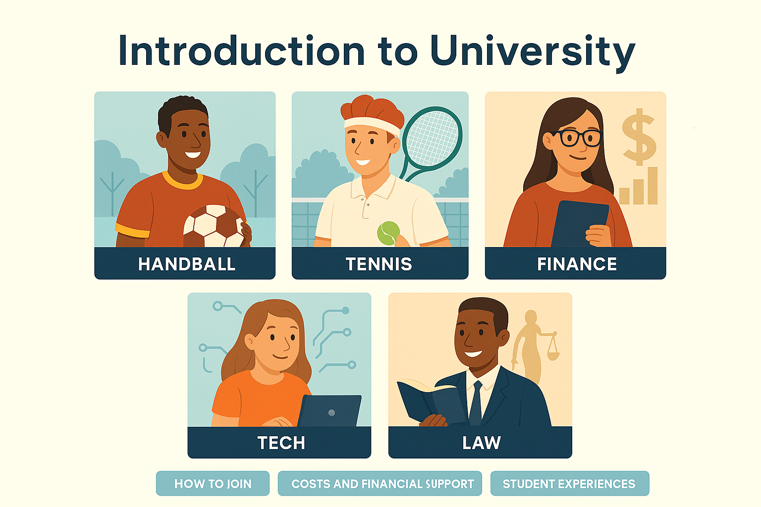 Illustrated FirstGen welcome page introducing university life — squares for societies like handball, tennis, finance, tech and law, with friendly buttons for how to join, costs and student experiences.