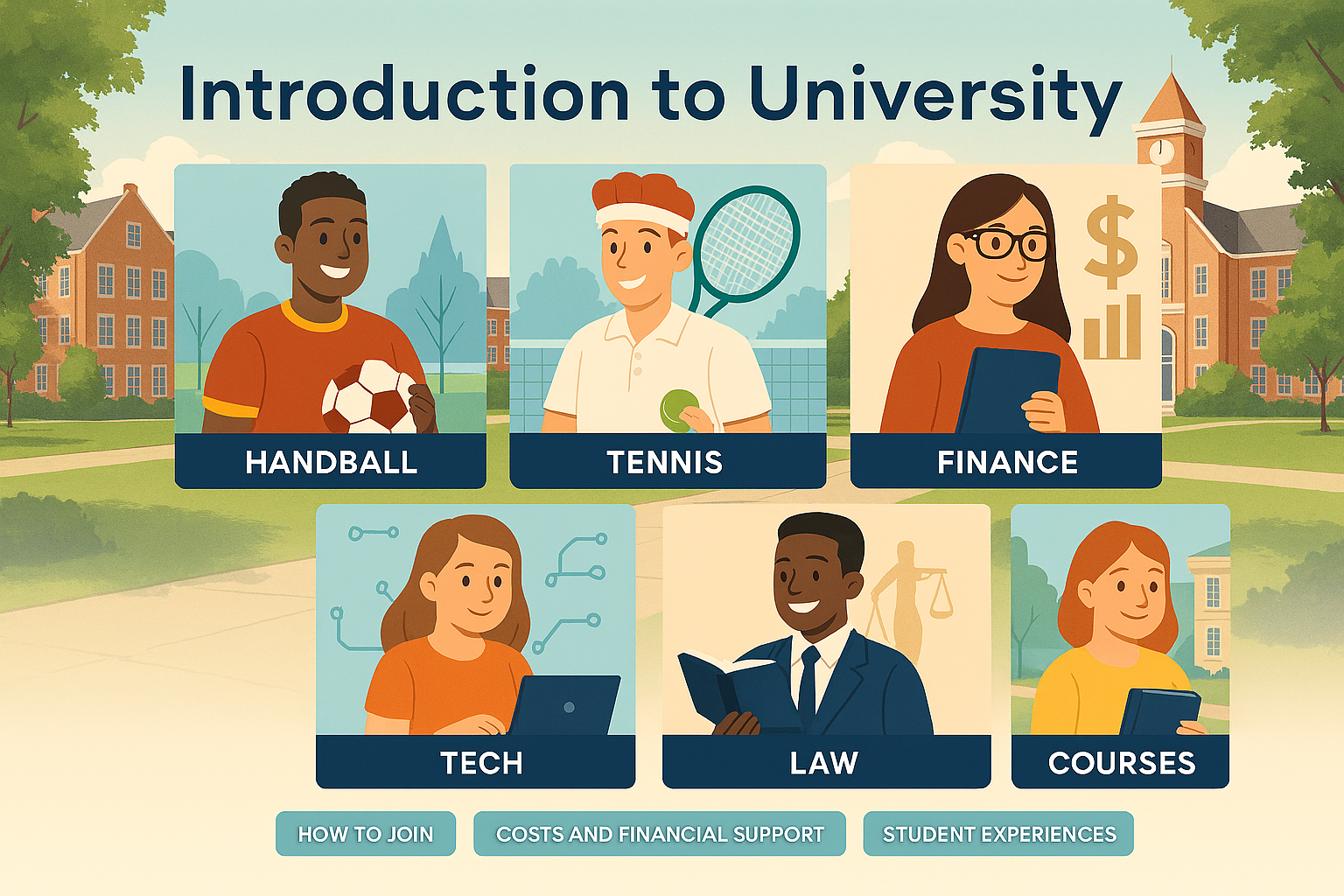 Designer's illustration of welcoming campus life and student societies.