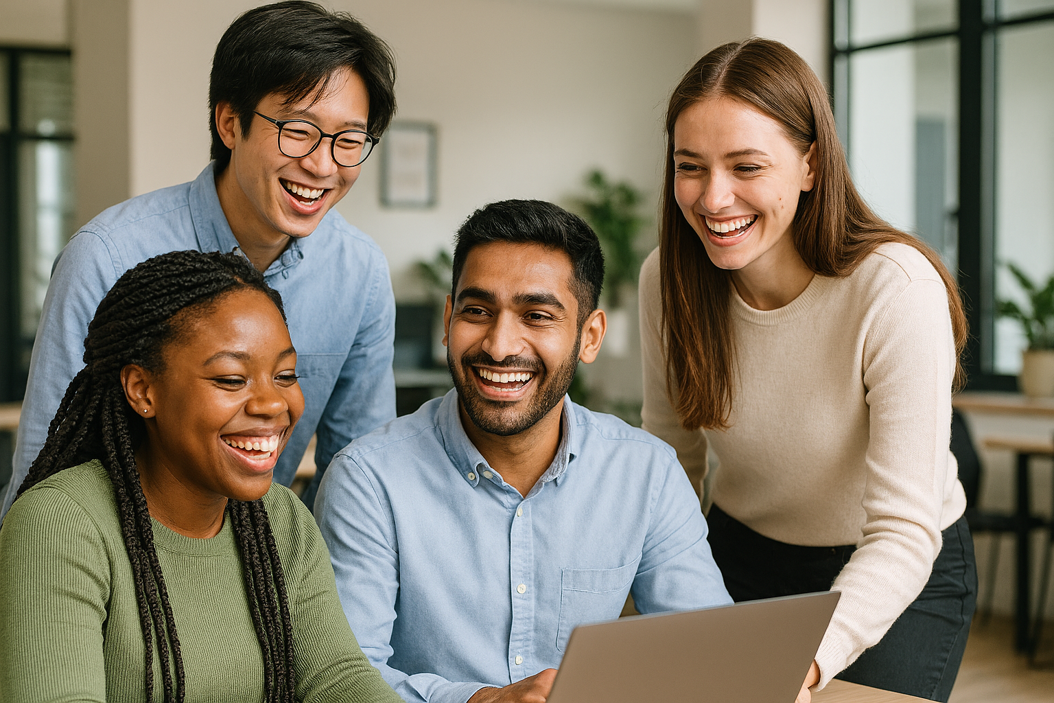 Several early‑career graduates collaborating at work, smiling and engaged in their roles in an inclusive professional environment.